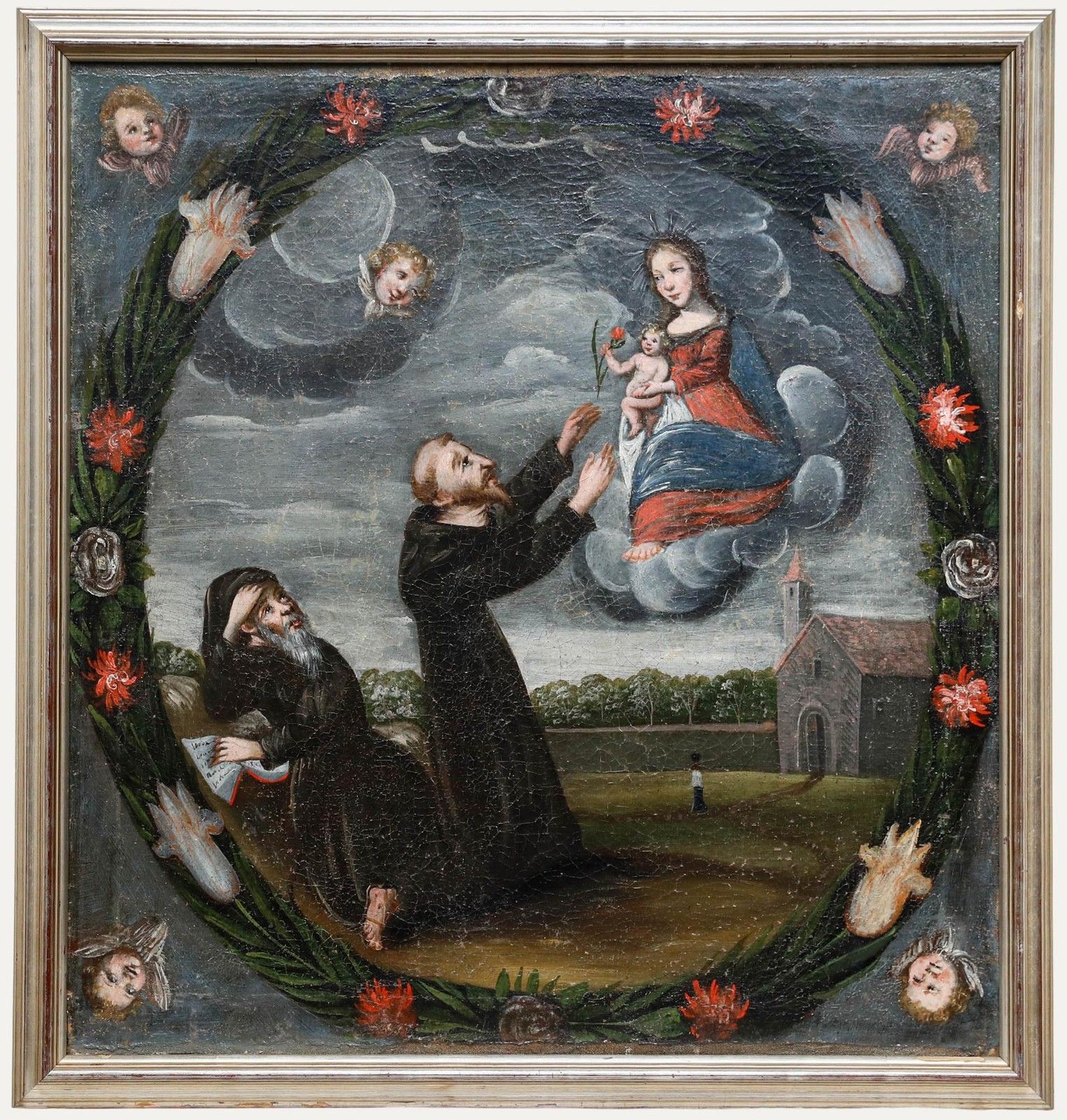 Naive 18th Century Oil Mary And Child Appear Before Monks