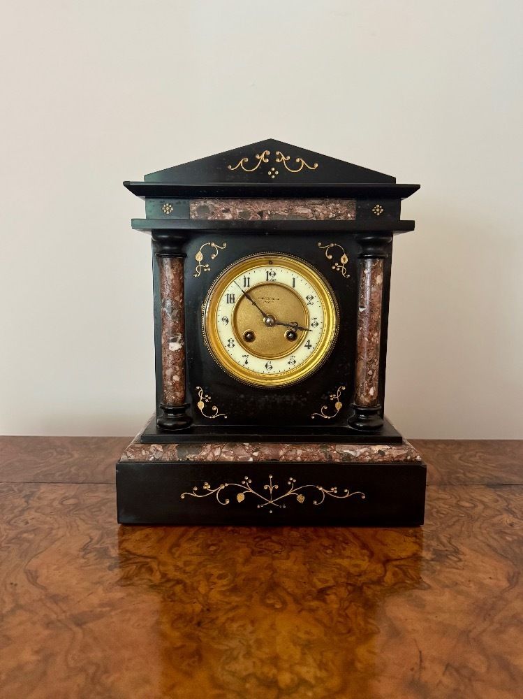 Attractive Antique Quality Marble Inlaid Mantle Clock By Baby And Jannings