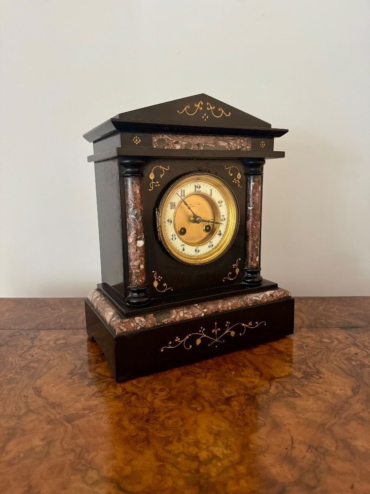 Attractive Antique Quality Marble Inlaid Mantle Clock By Baby And Jannings photo vinterior