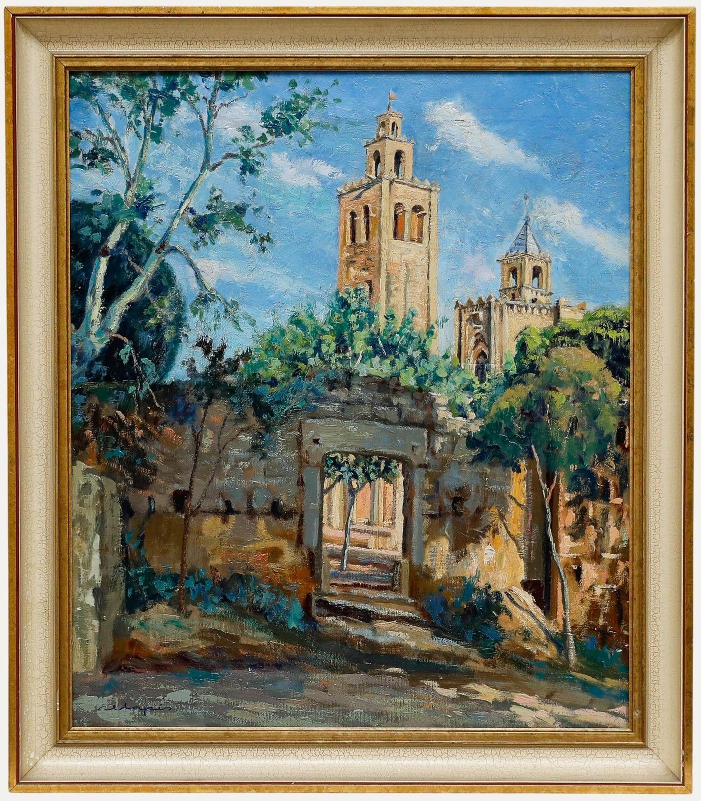 Mid 20th Century Oil Church In The Sunlight