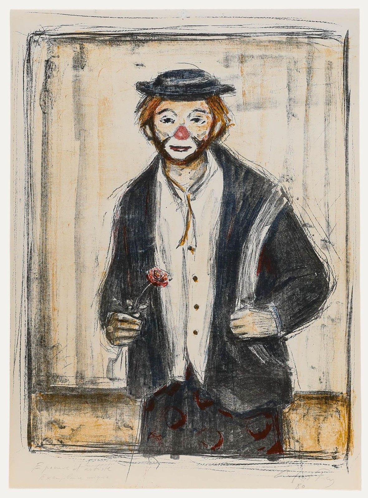 August Frey (1912 1998) 1980 Lithograph, Clown With Rose