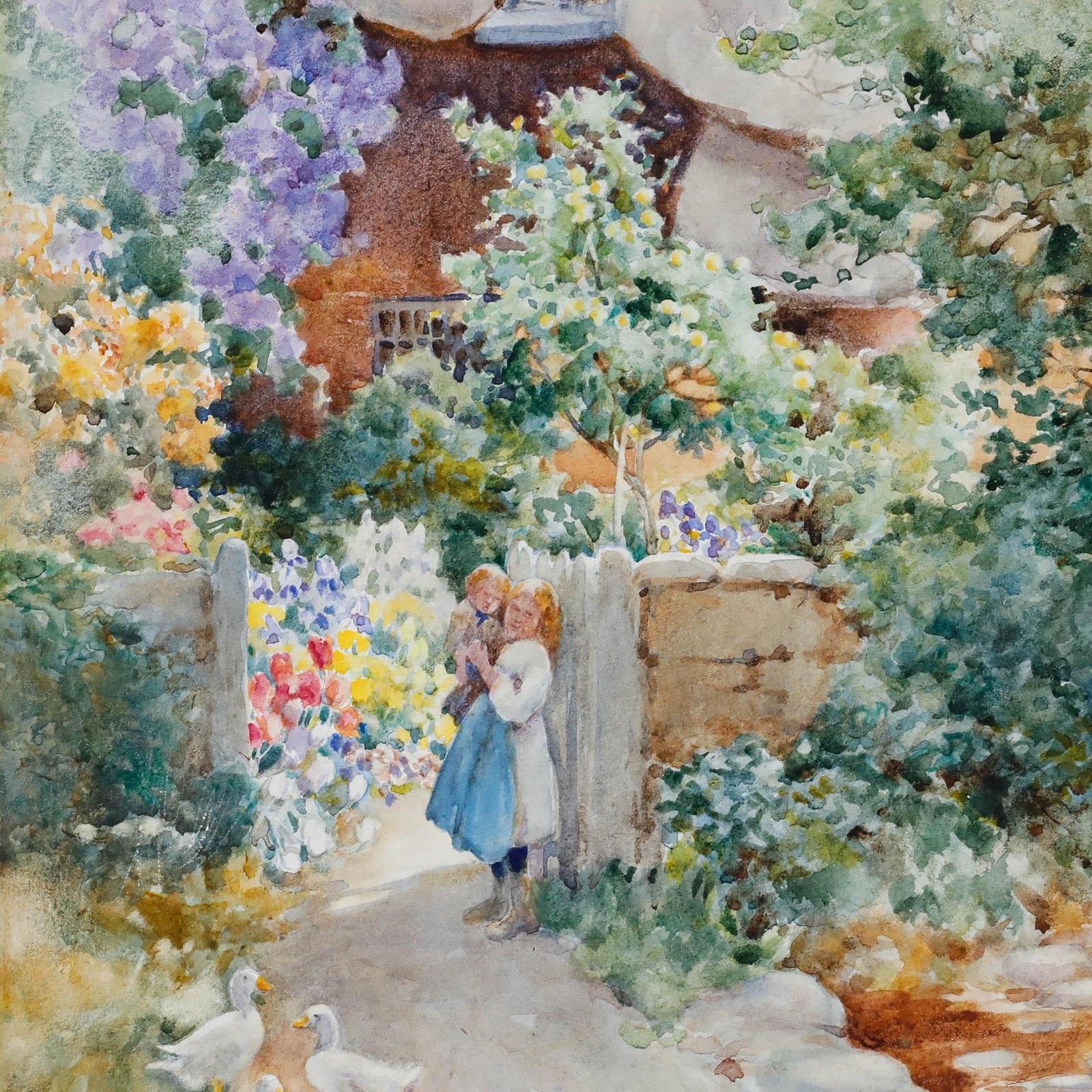 George F. Nicholls (1885 1937) Watercolour, Children By The Cottage Gate photo for sale
