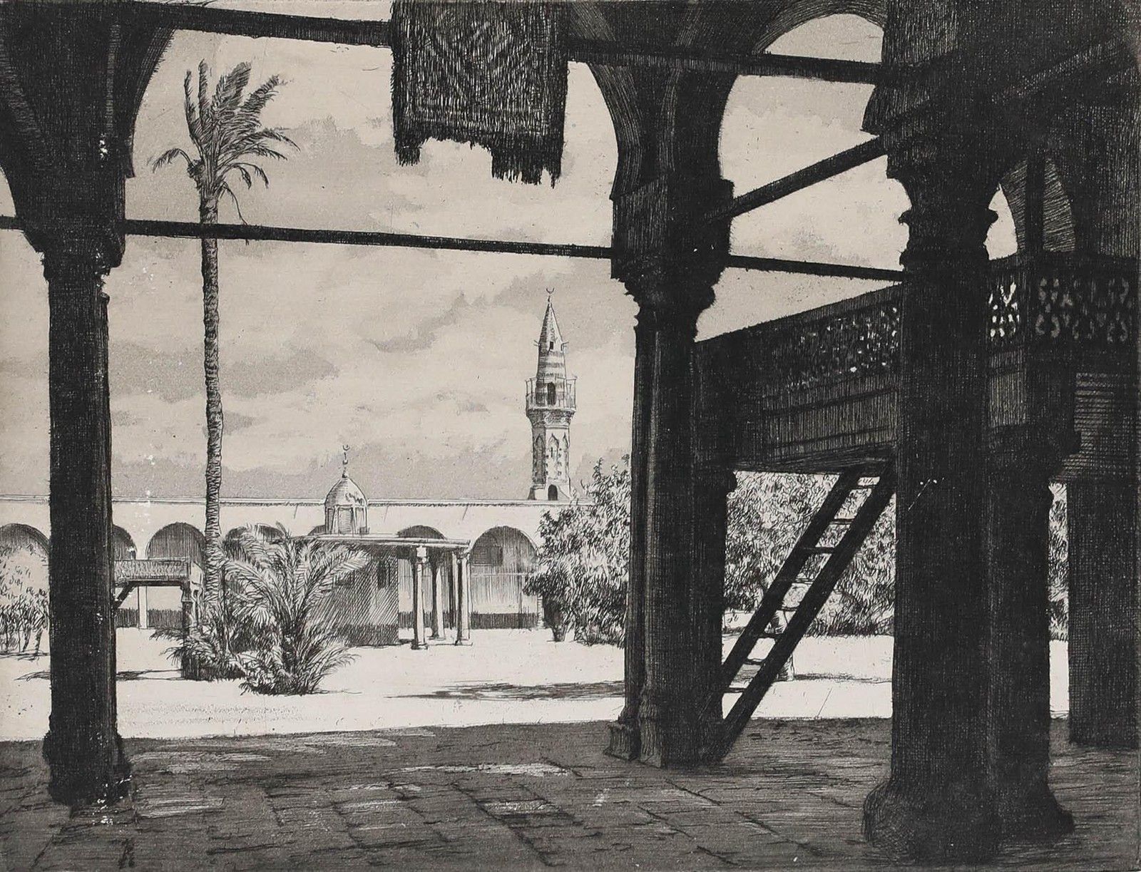 Frederick Halpern (B.1909) Early 20th Century Etching, Courtyard In Cairo photo furniture