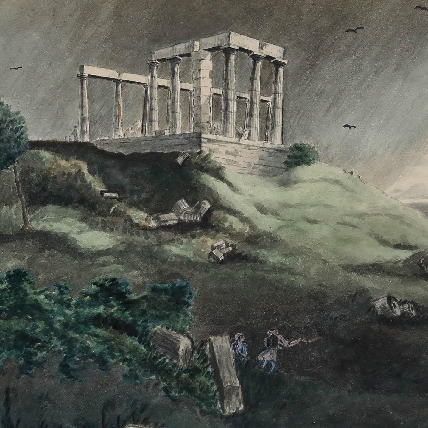 19th Century Watercolour A Ruined Temple By The Sea photo for sale