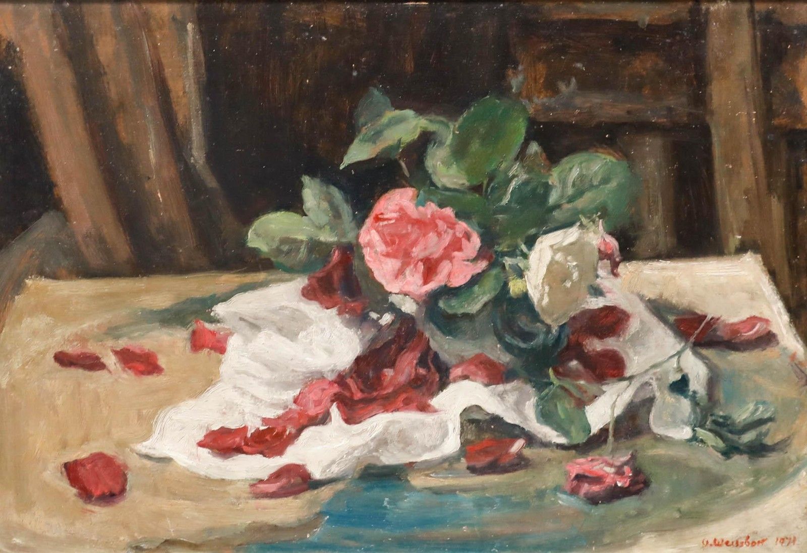 George Weissbort (1928 2013) Framed 1976 Oil, Still Life Of Roses & Petals photo furniture