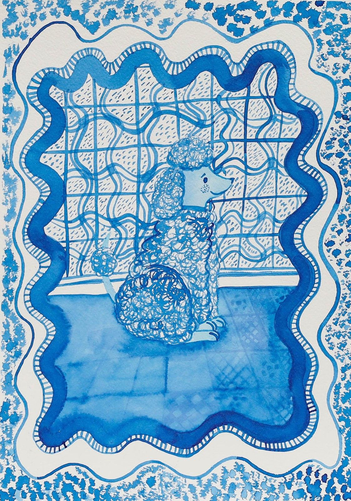 Jemma Jamie 2025 Pen And Ink Drawing, Poodle In Blue photo furniture