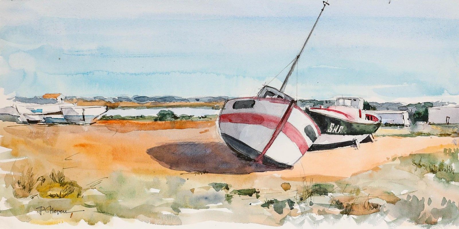 Pierre Neveu (B.1929) Contemporary Watercolour, Boats In Noumentier photo furniture