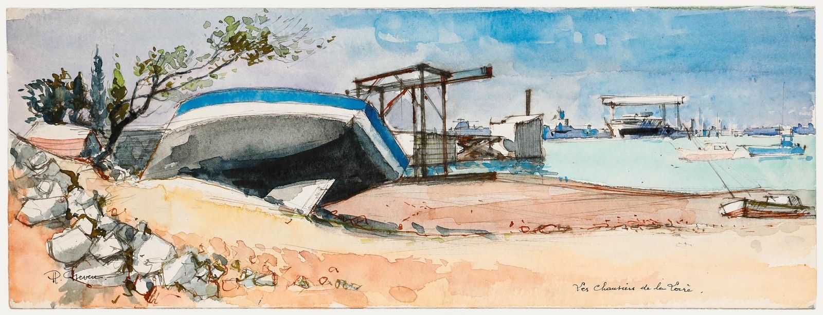 Pierre Neveu (B.1929) Contemporary Watercolour, Loire Shipyard