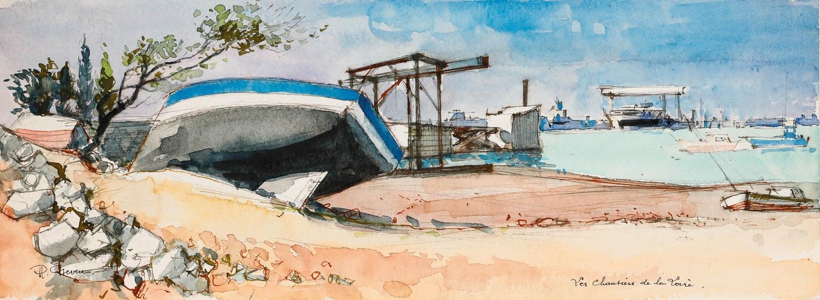 Pierre Neveu (B.1929) Contemporary Watercolour, Loire Shipyard photo furniture