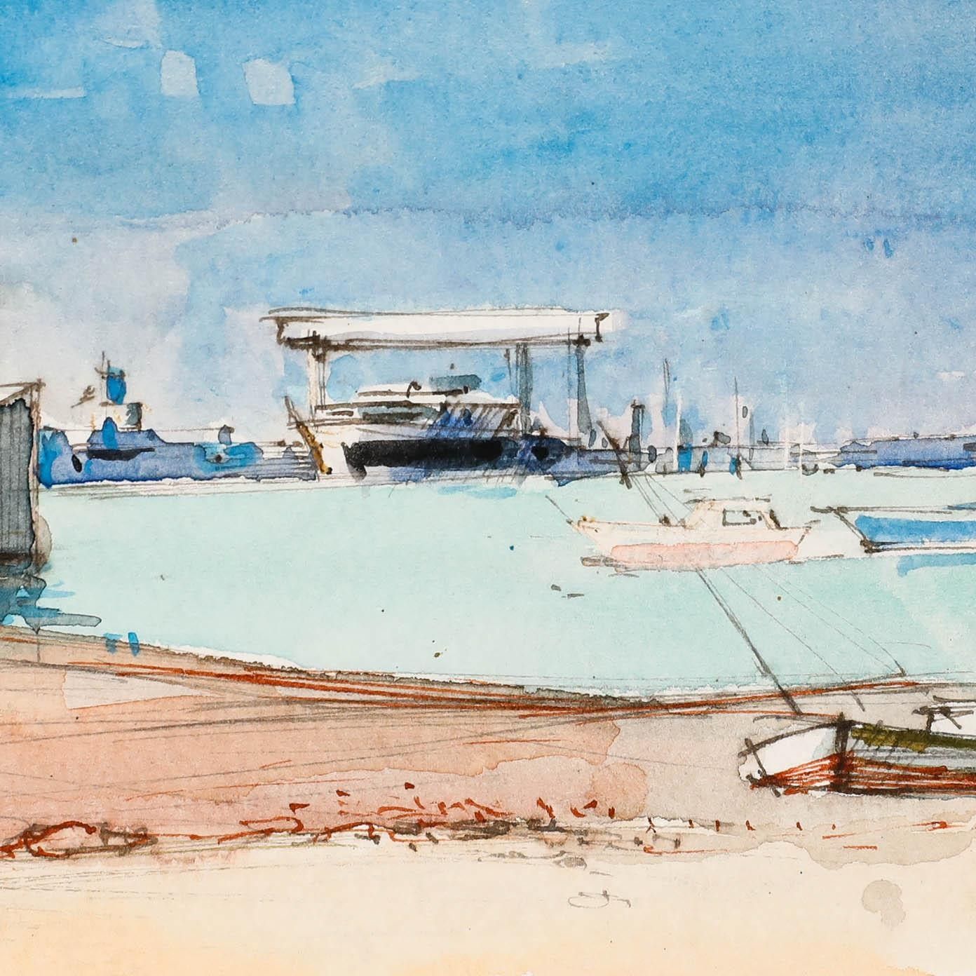 Pierre Neveu (B.1929) Contemporary Watercolour, Loire Shipyard photo 175.0
