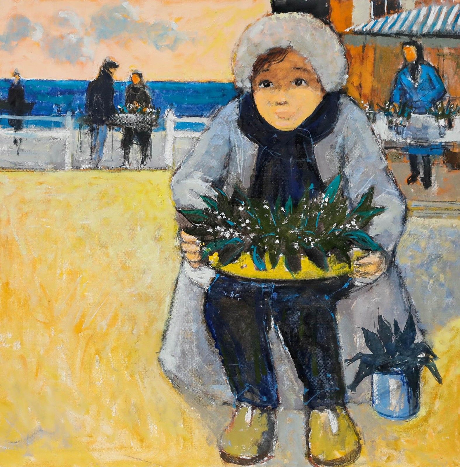 Pierre Neveu (B.1929) Contemporary Oil, Little Girl With Flowers photo furniture