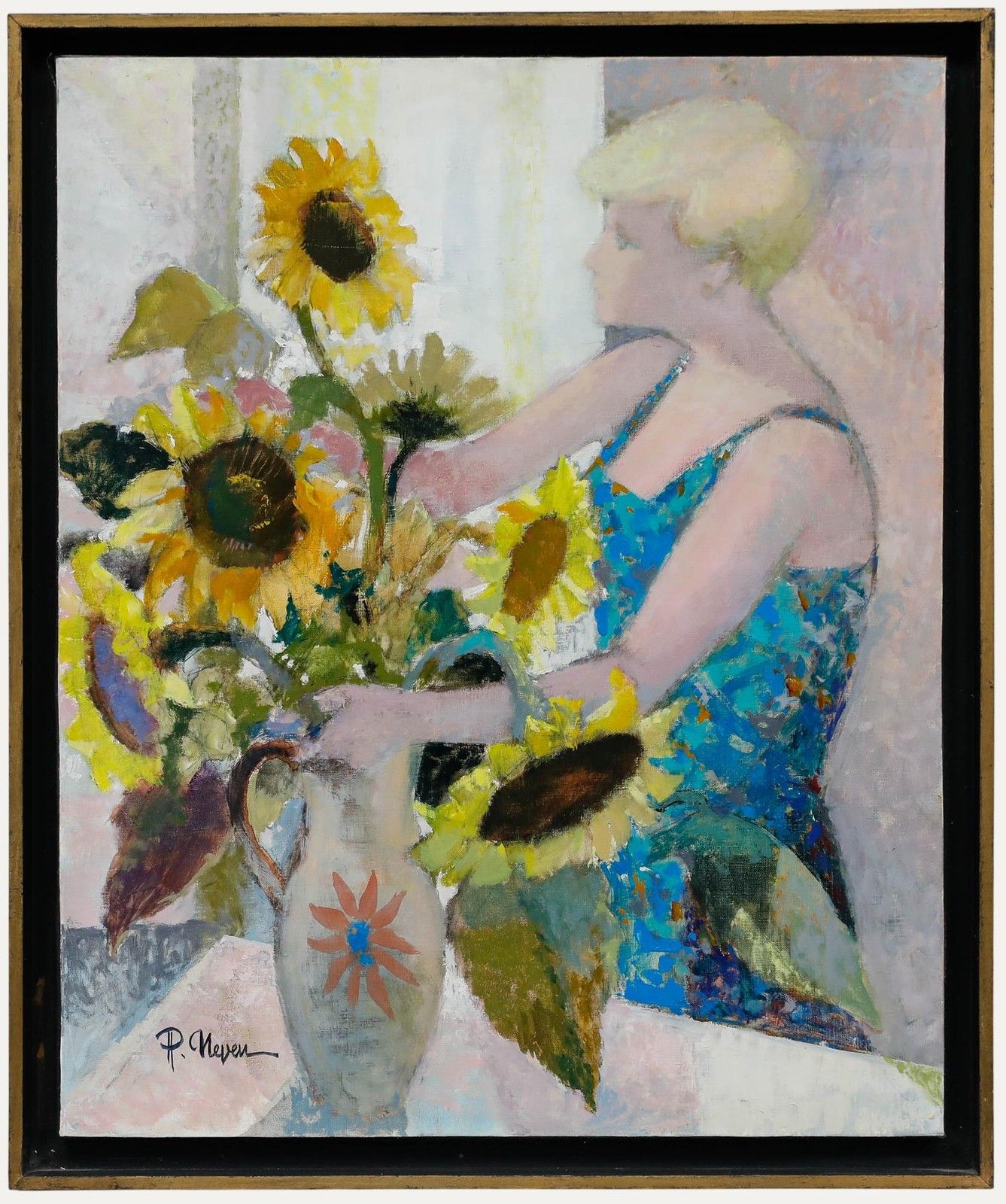 Pierre Neveu (B.1929) Contemporary Oil, The Lady & Sunflowers