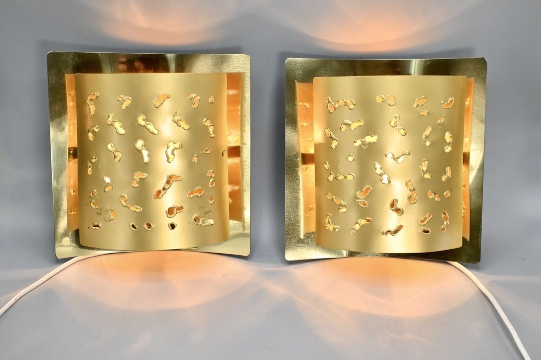 Pair Of Matching Perforated Brutalist Brass Wall Lamps Made By Borens Sweden, 1970s photo for sale