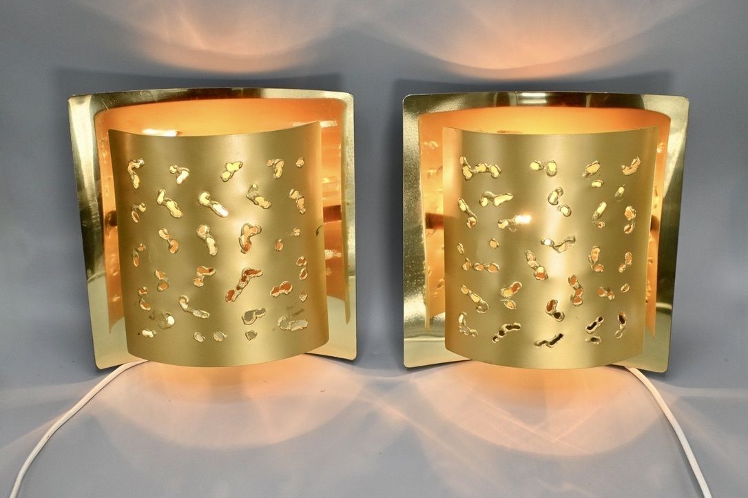 Pair Of Matching Perforated Brutalist Brass Wall Lamps Made By Borens Sweden, 1970s