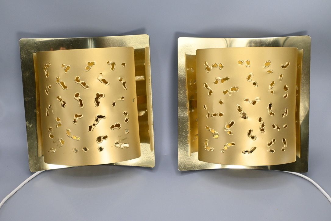 Pair Of Matching Perforated Brutalist Brass Wall Lamps Made By Borens Sweden, 1970s photo buy