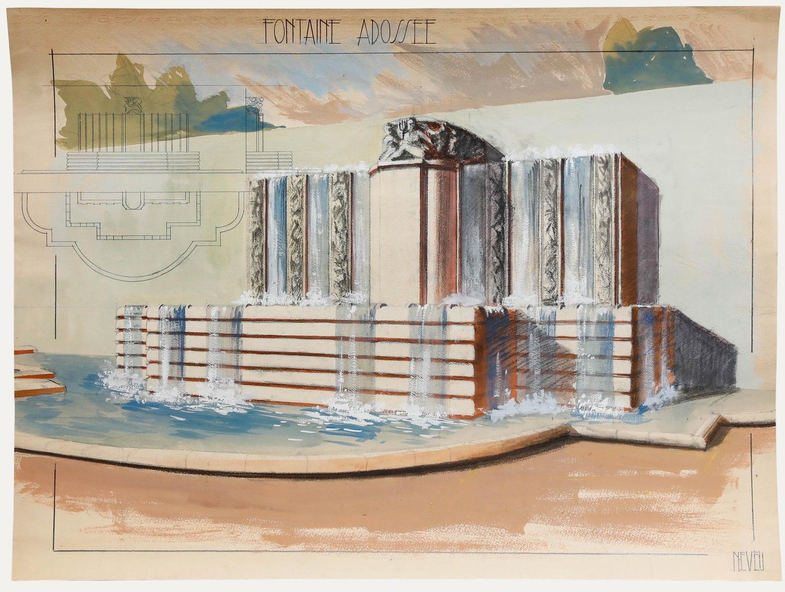 Pierre Neveu (B.1929) Mid 20th Century Gouache, The Fountain