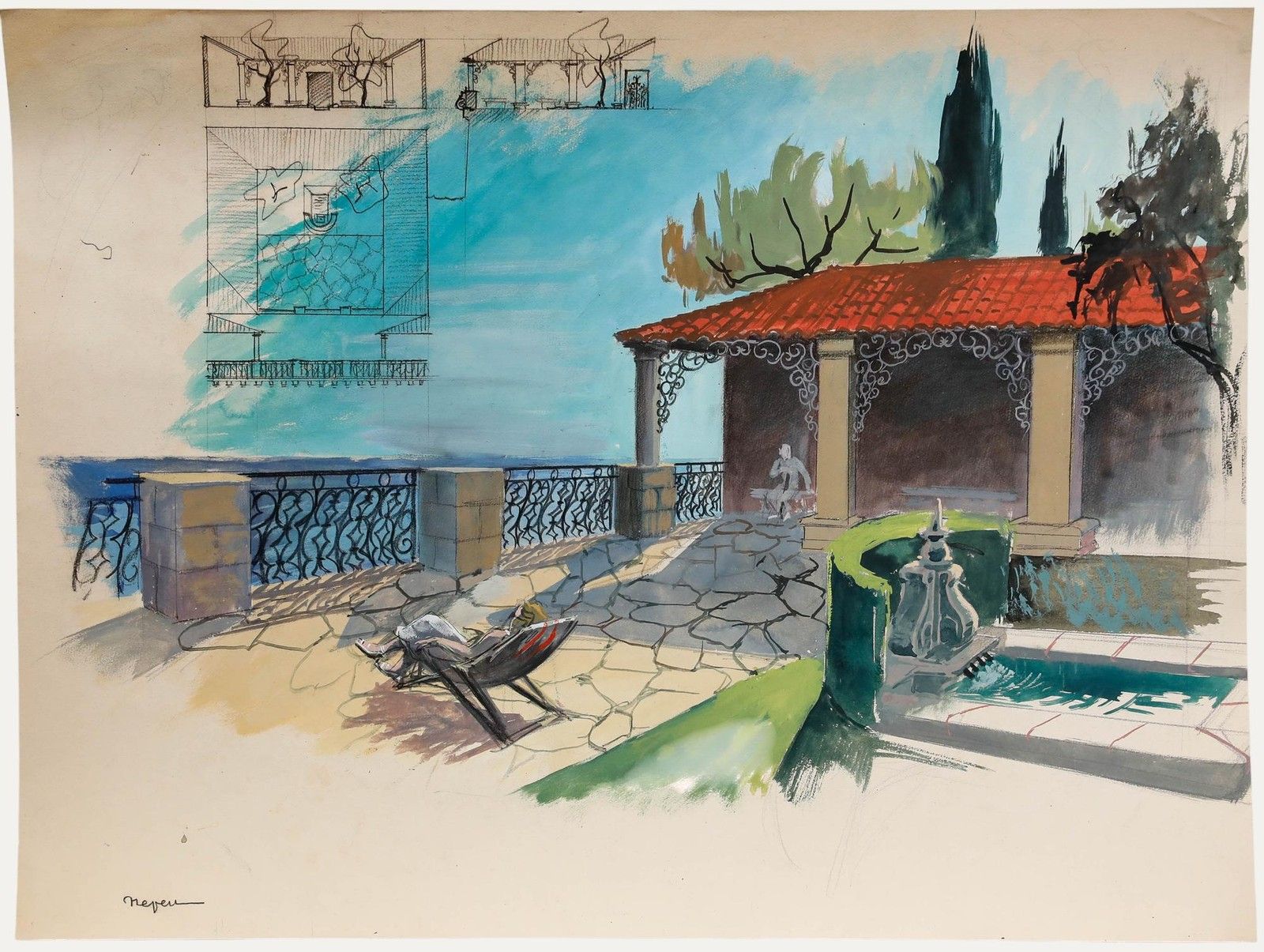 Pierre Neveu (B.1929) Mid 20th Century Gouache, Rooftop Terrace