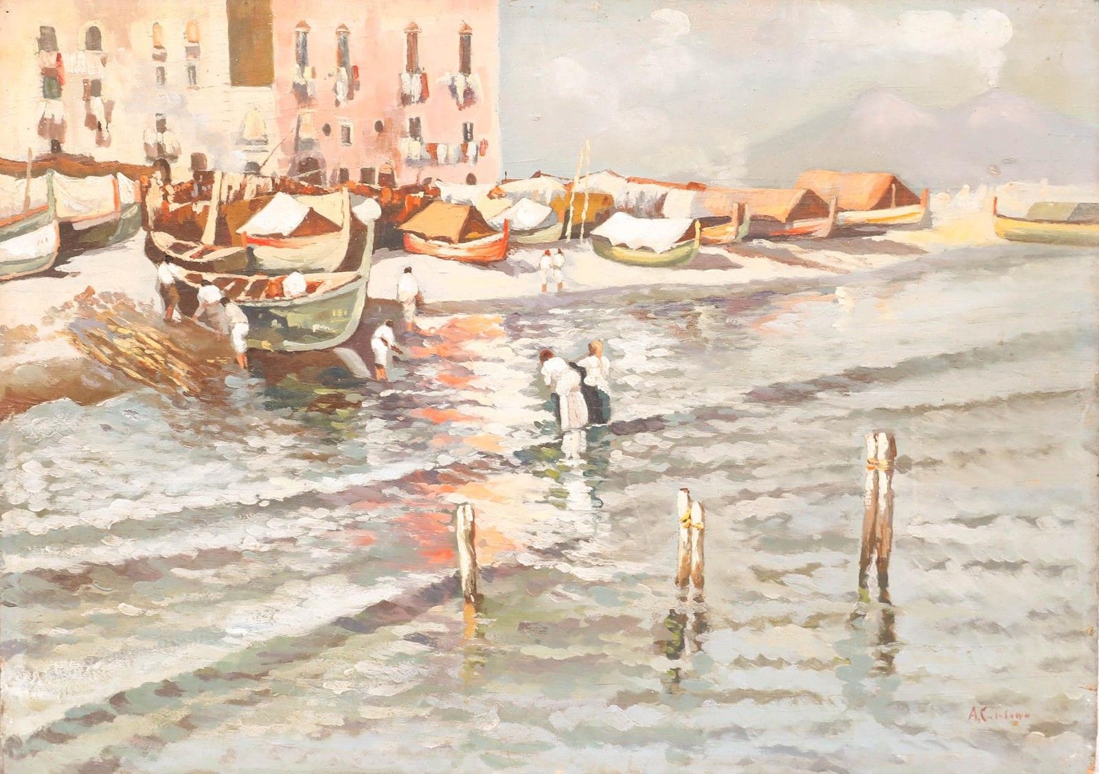 Andre Casabonne (1922 1950) Mid 20th Century Oil, Mediterranean Harbour photo furniture