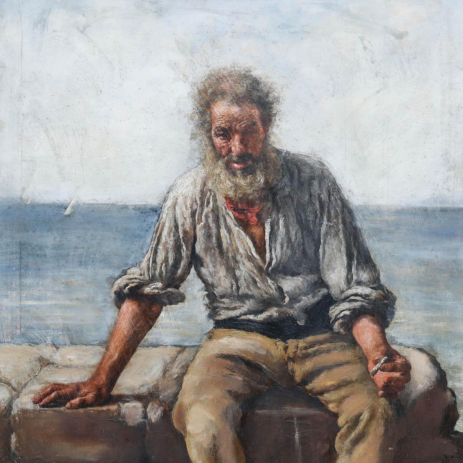 A. Parilla  Early 20th Century Oil, The Old Fisherman photo Art