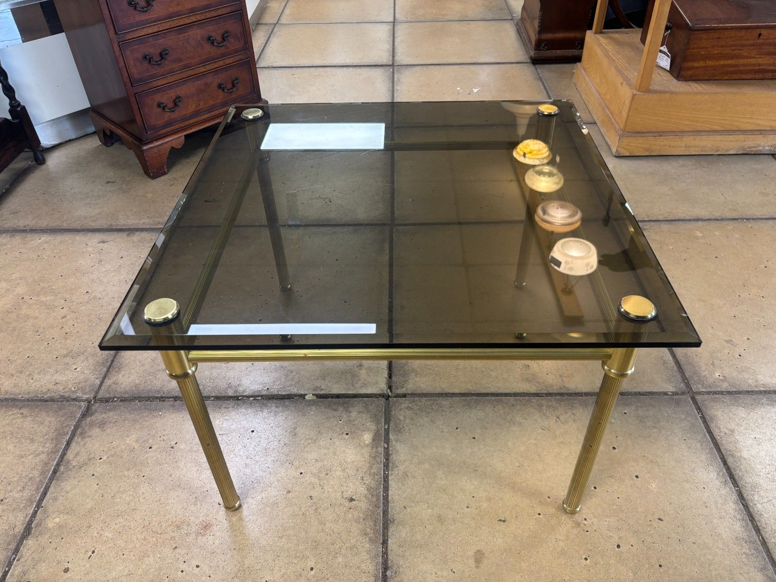 Retro/ Mid Century Gold Metal & Smoked Glass Square Coffee Table photo Furniture