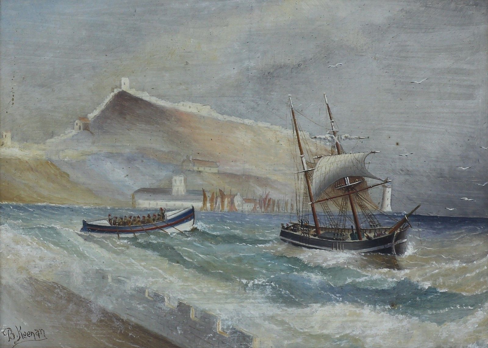 Oil On Board Behind Glass By Bernard Keenan. Ship In Distress Off Scarborough. photo furniture