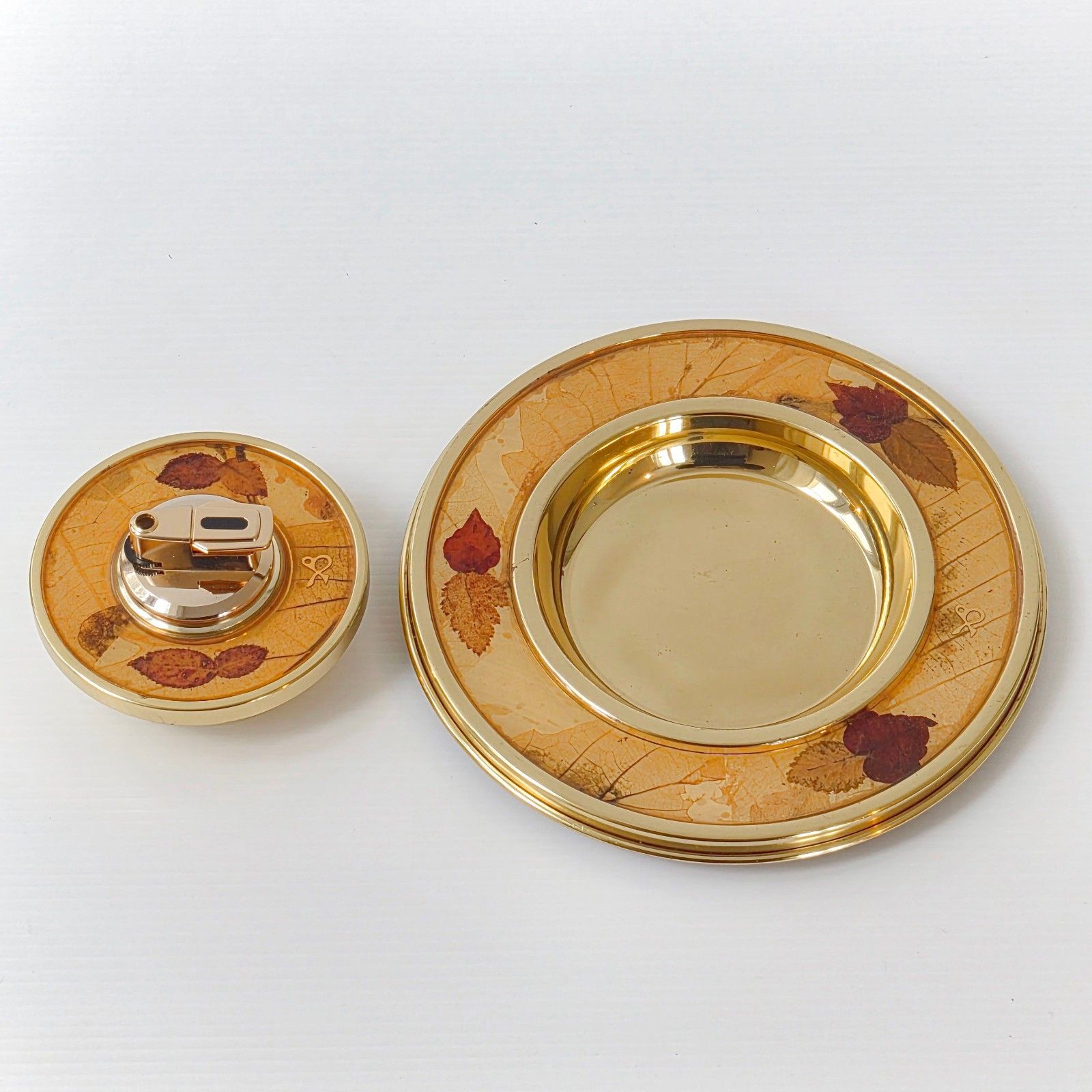 Vintage Italian 1960s Gold Brass 60s Retro 1960s Lighter & Ashtray Set photo for sale