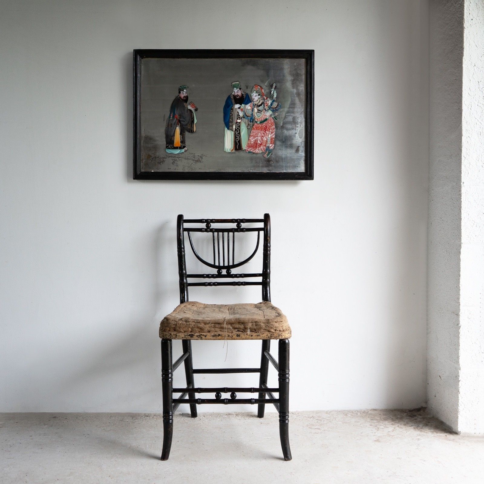 Large Antique Chinese Export Reverse Painted Mirror, Glass Painting 19th Century photo furniture