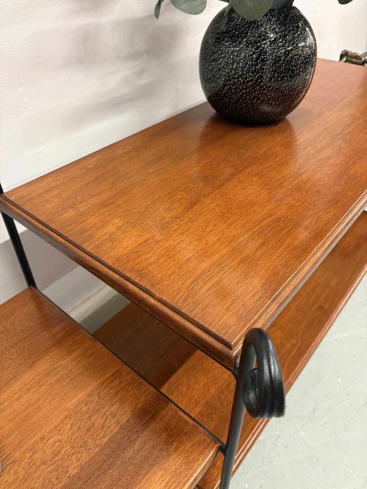 Mid Century Wood And Wrought Iron Coffee Table, Retro Long Table With Shelves photo for sale