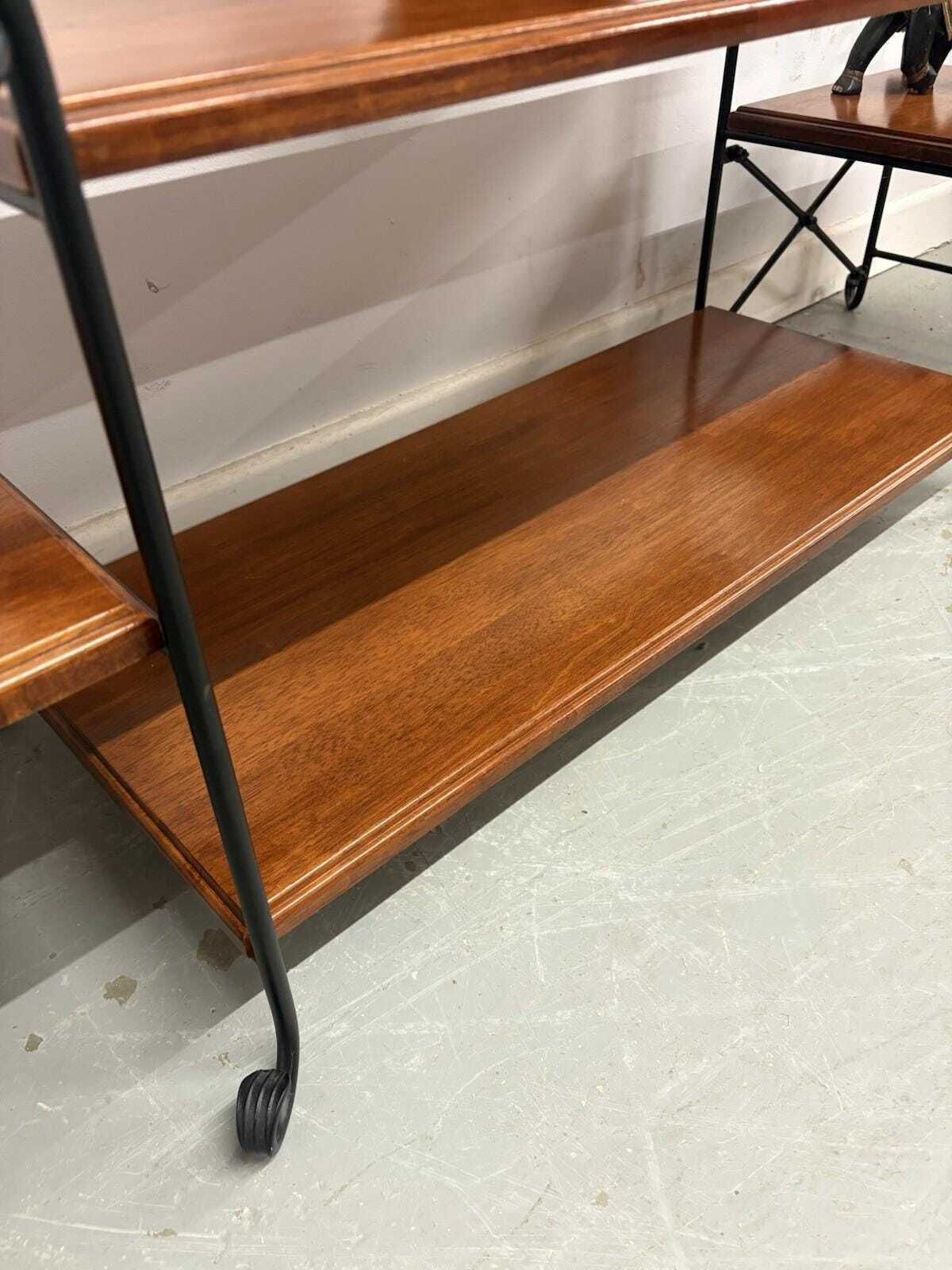 Mid Century Wood And Wrought Iron Coffee Table, Retro Long Table With Shelves photo vinterior