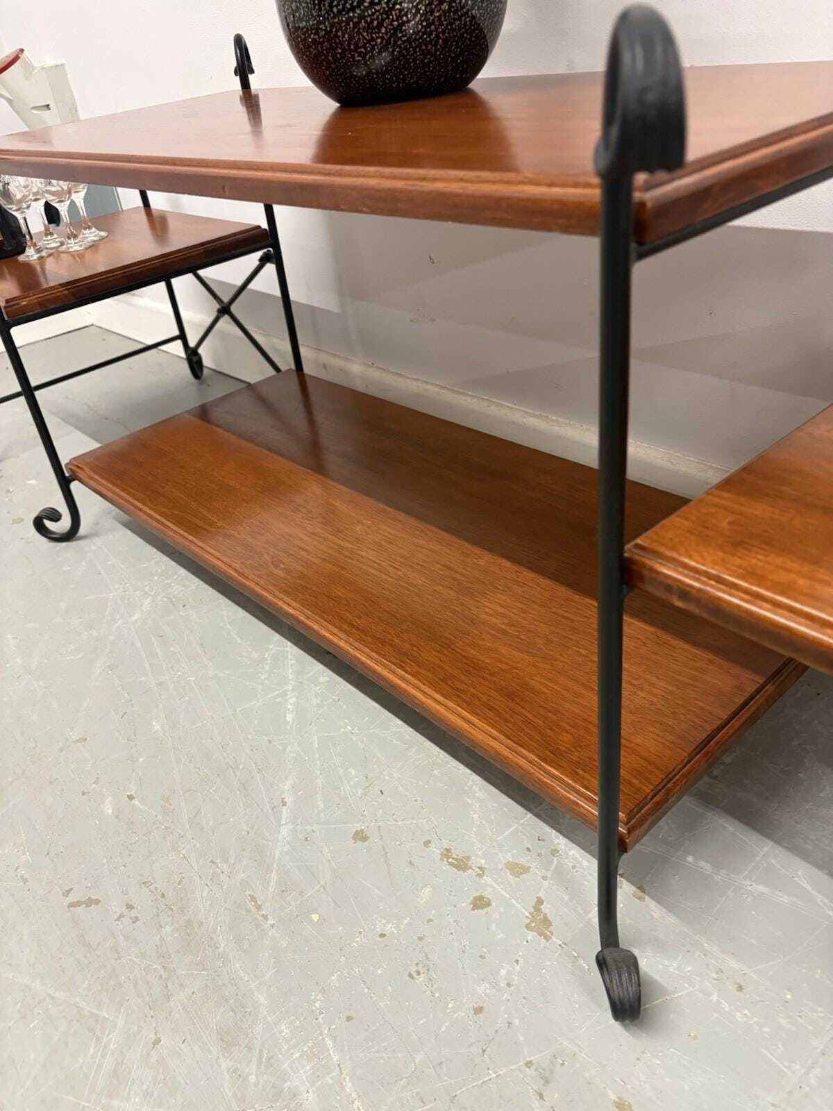 Mid Century Wood And Wrought Iron Coffee Table, Retro Long Table With Shelves photo buy