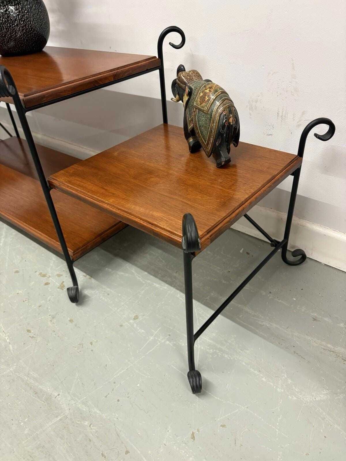 Mid Century Wood And Wrought Iron Coffee Table, Retro Long Table With Shelves photo vintage