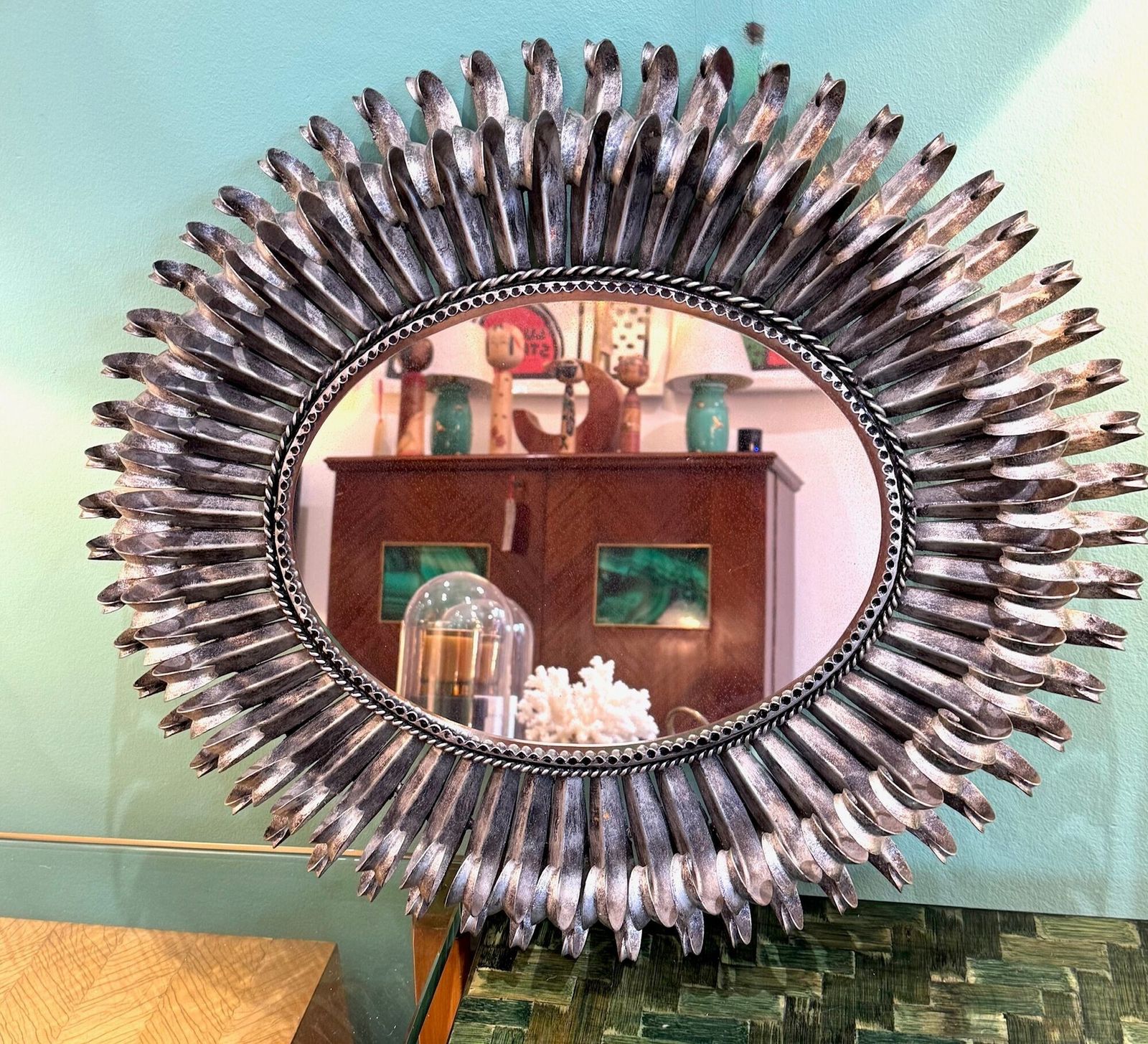 A Spanish 1960s Silvered Metal Oval Landscape Or Portrait Eyelash Mirror photo furniture