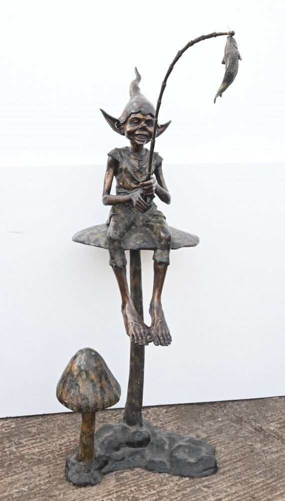 Bronze Fairey Fishing Statue Elph Goblin Mushroom Casting