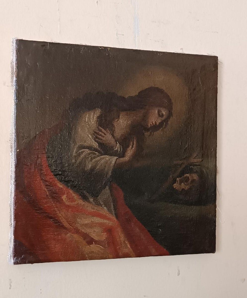 Old Oil On Paper Transferred To Canvas Representing Madeleine Italian School Of The 18th Century
