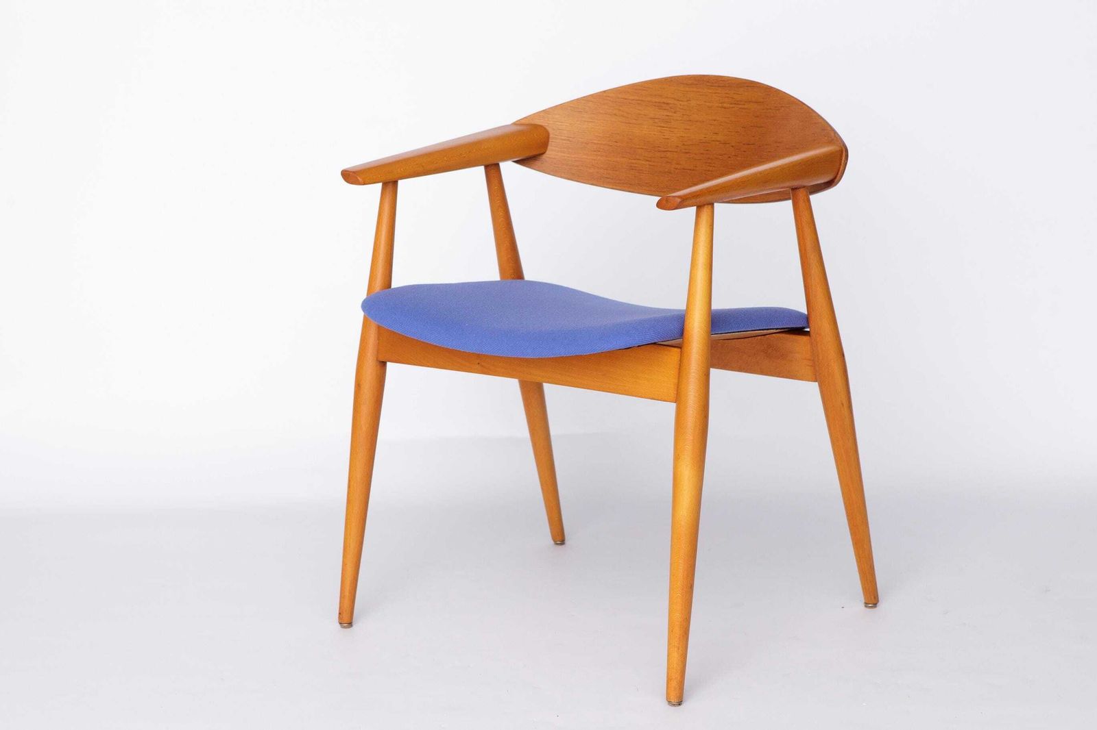 Vintage Armchair, 1960s German Design – Beech & Teak, Blue Upholstery, Mid Century Modern Chair, Newly Restored photo 364.0