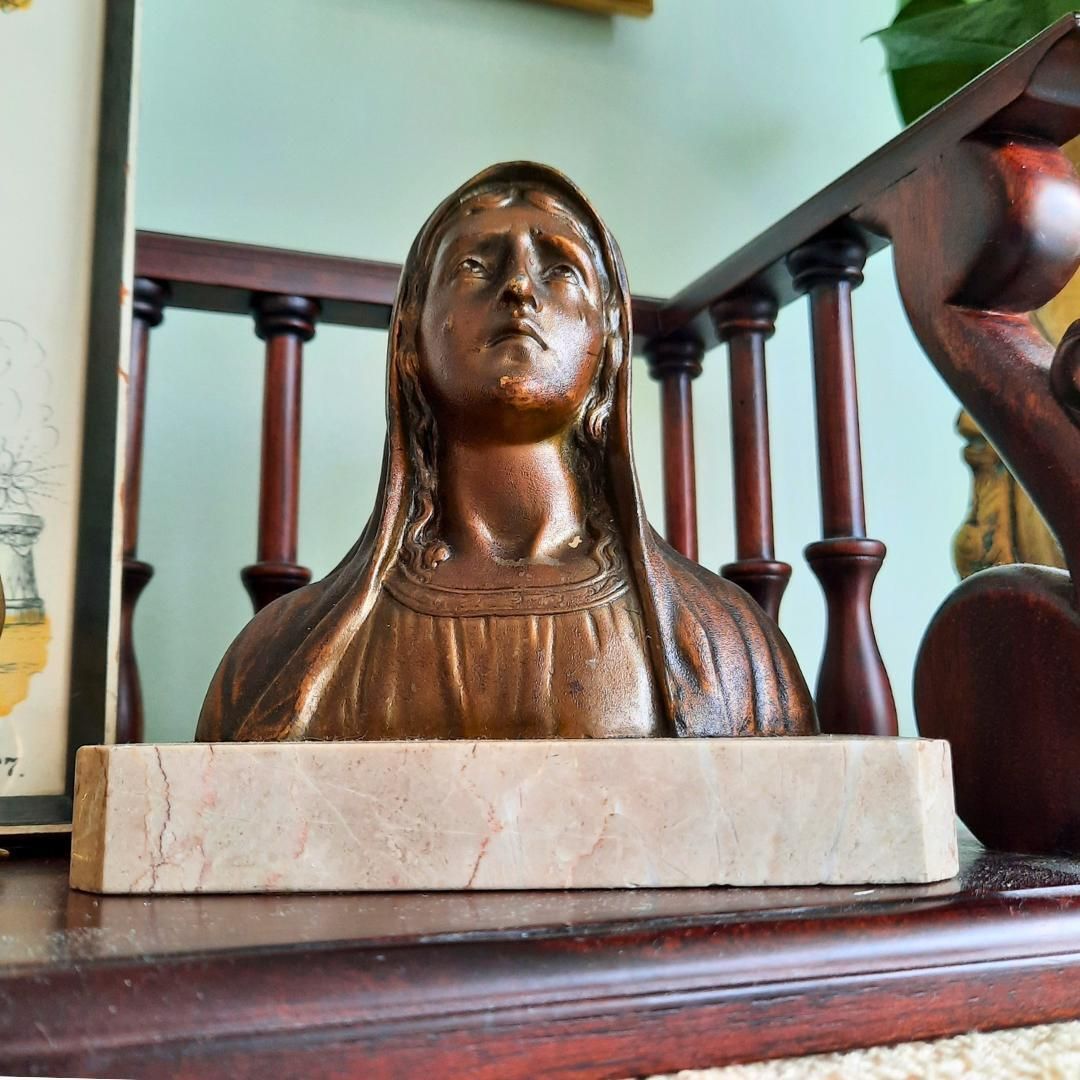 Art Deco French Tearful Virgin Mary Spelter On Marble Base C 1930's 40's. photo furniture