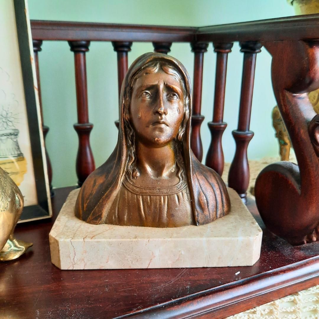 Art Deco French Tearful Virgin Mary Spelter On Marble Base C 1930's 40's. photo Art