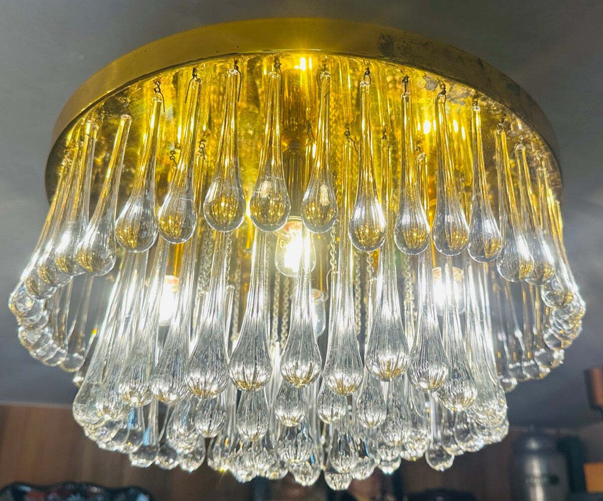 1970s German Murano Clear Glass 110 Tear Drop Circular Flush Mount Ceiling Light By Christoph Palme photo for sale