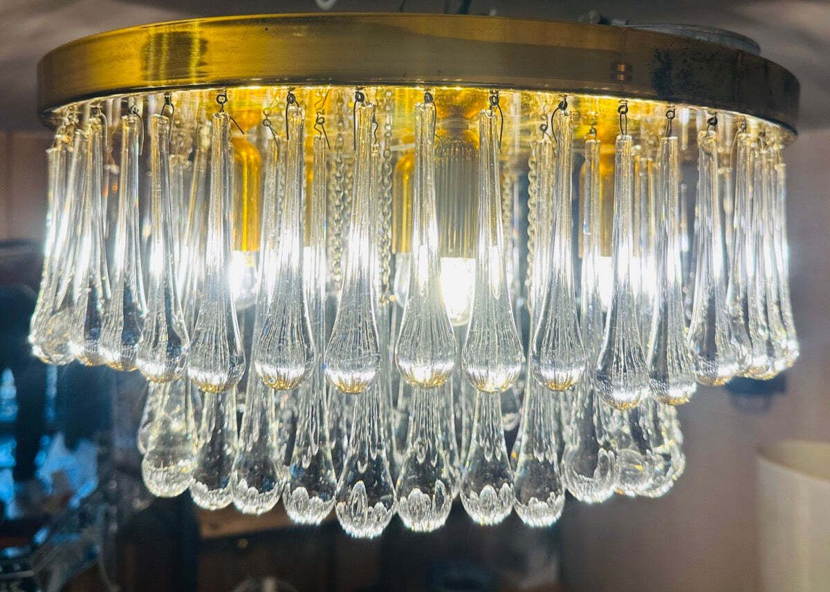 1970s German Murano Clear Glass 110 Tear Drop Circular Flush Mount Ceiling Light By Christoph Palme photo vinterior