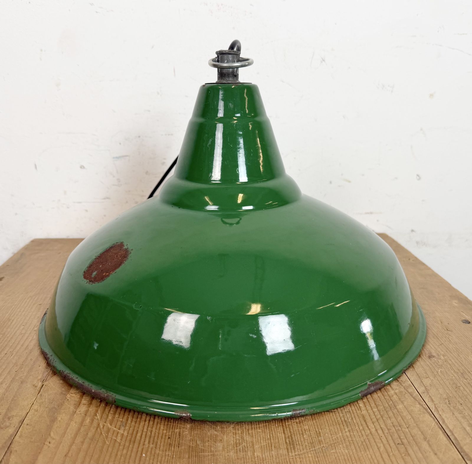 photo for sale Industrial British Green Enamel Factory Pendant Lamp, 1960s