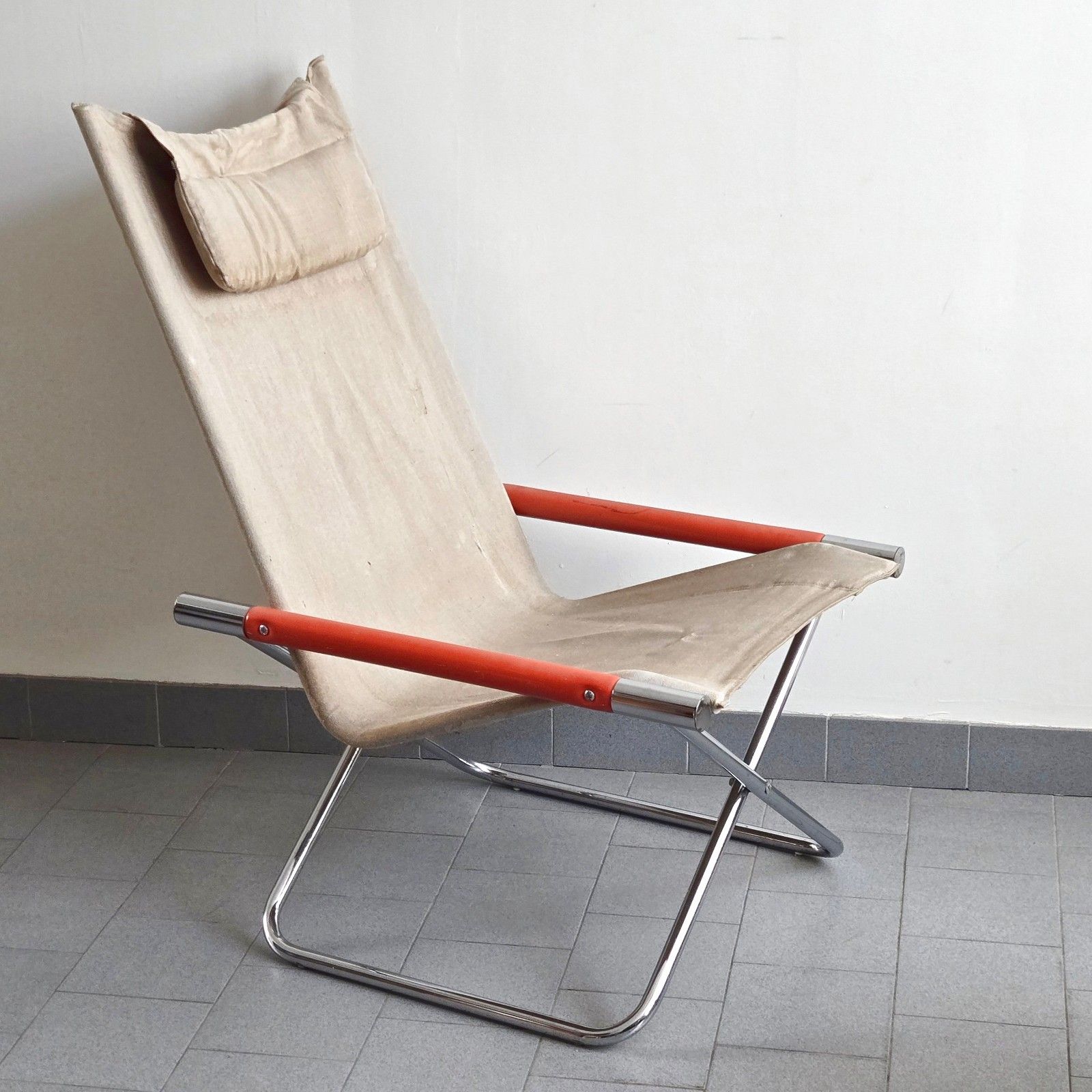 Vintage 1970 Japanese Folding Armchair Chrome & Orange Steel And Burlap 70s