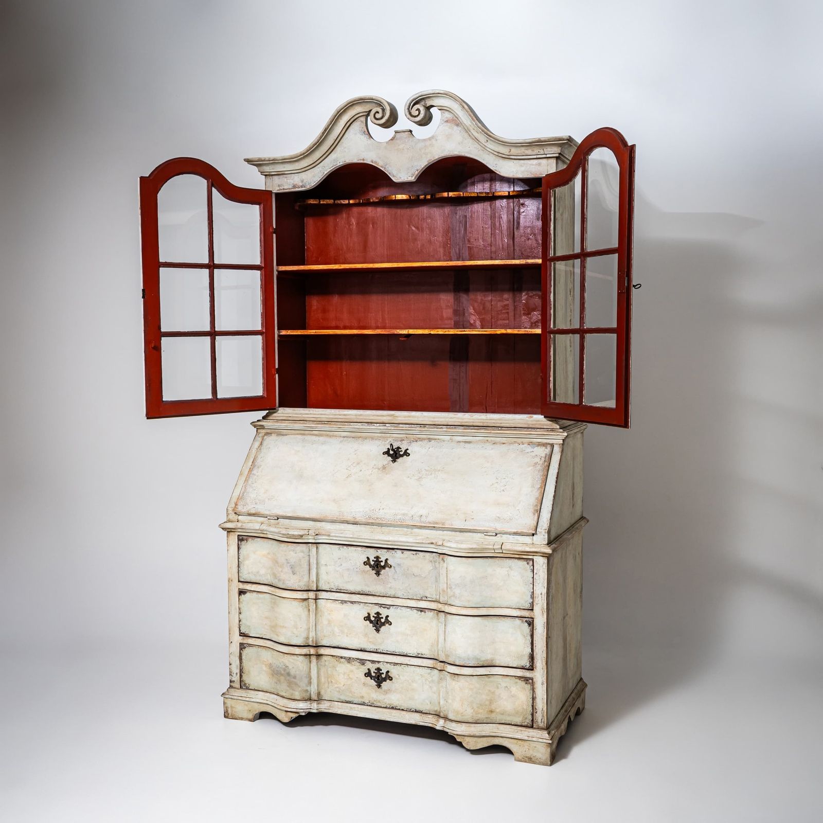 White Painted Secretary Desk With Glazed Cabinet, 18th Century photo for sale