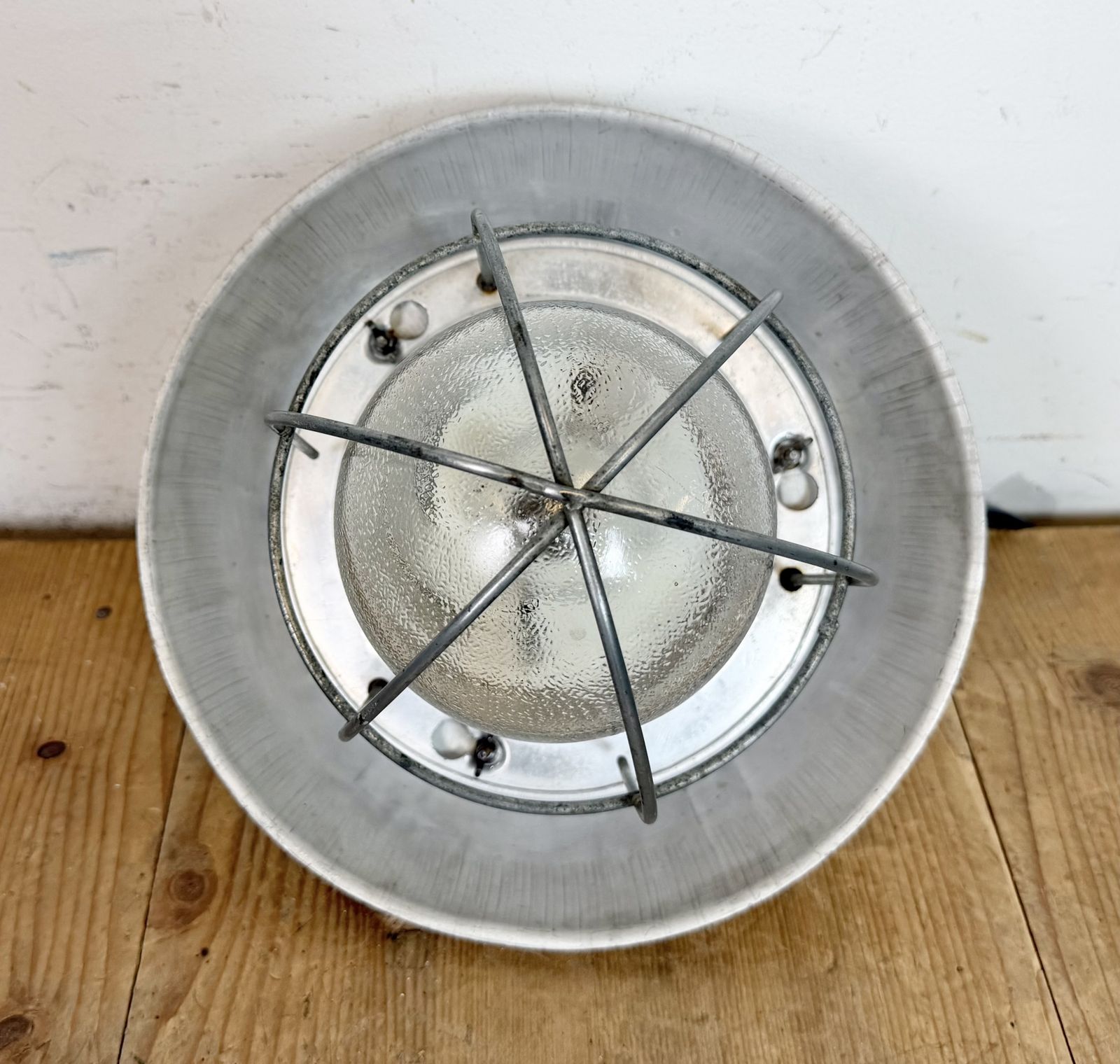 photo furniture Grey Industrial Aluminium Cage Pendant Lamp With Frosted Glass, 1970s