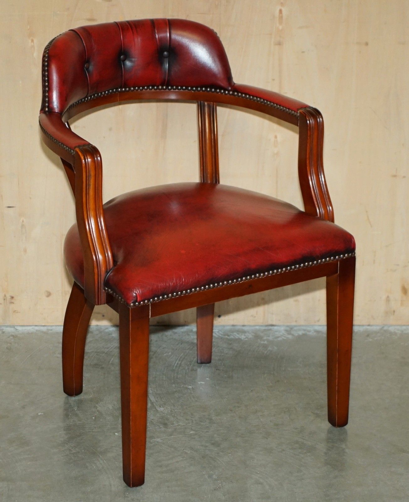 Pair Oxblood Bordeaux Leather Chesterfield Court Captains Chairs Part Of Suite photo for sale