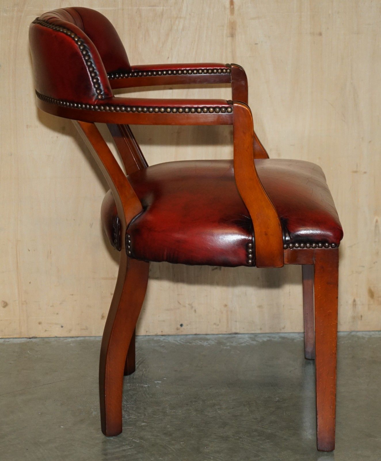 photo for sale Pair Oxblood Bordeaux Leather Chesterfield Court Captains Chairs Part Of Suite