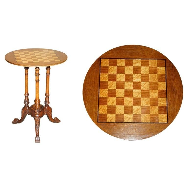 Antique Mahogany Satinwood & Walnut Chess Games Table With Lovely Turned Base