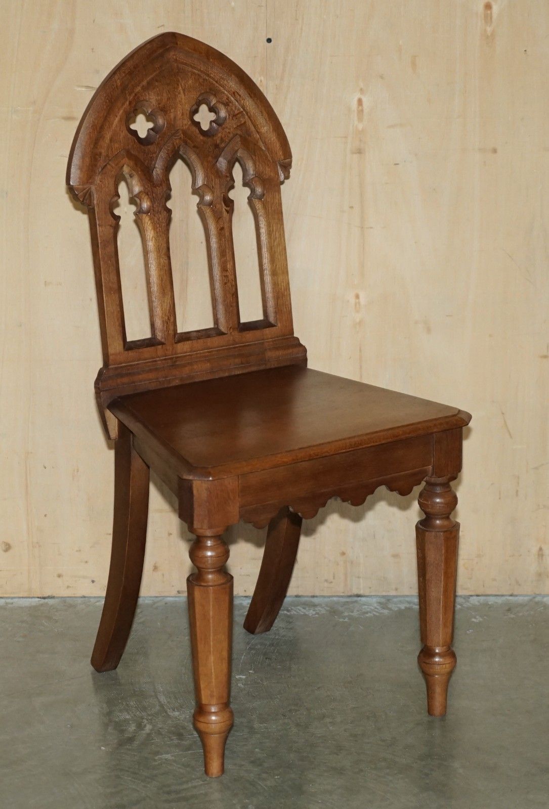 Four Circa 1920 English Oak Hand Carved Gothic Revival Steeple Back Hall Chairs photo furniture