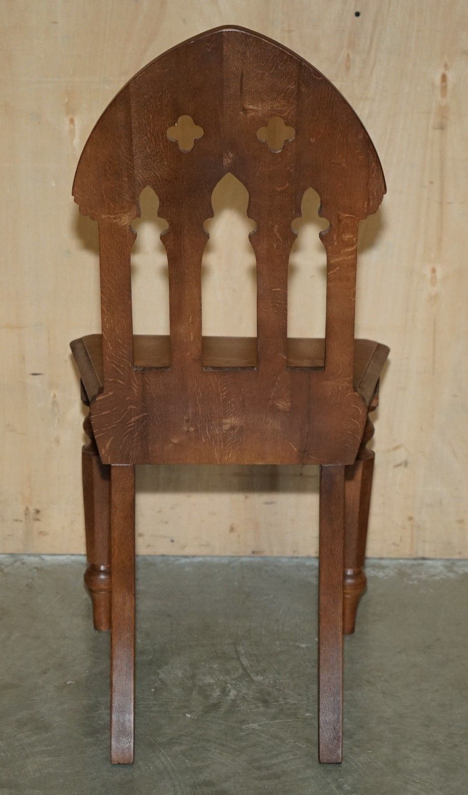 Furniture Four Circa 1920 English Oak Hand Carved Gothic Revival Steeple Back Hall Chairs photo