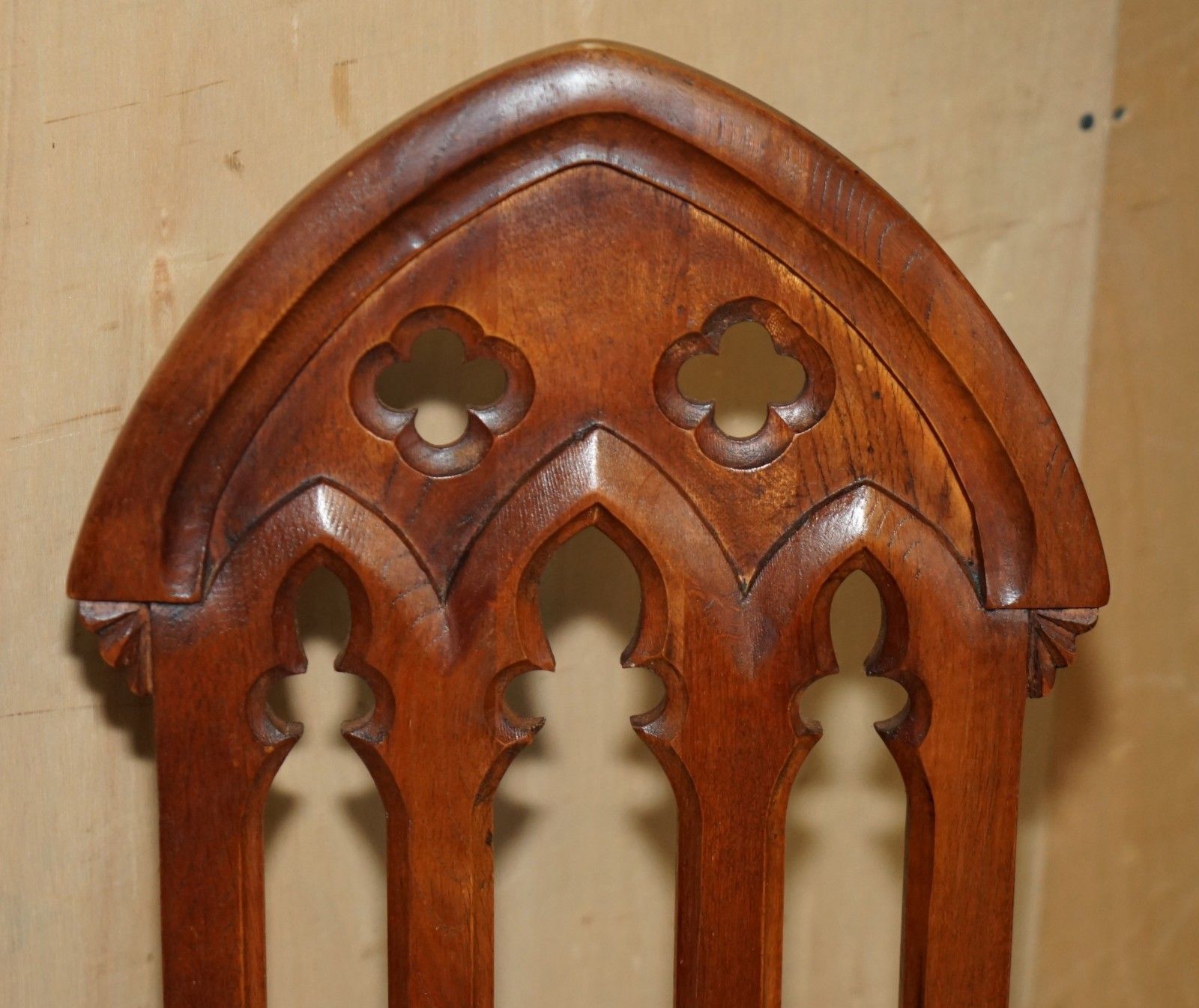 photo buy Four Circa 1920 English Oak Hand Carved Gothic Revival Steeple Back Hall Chairs