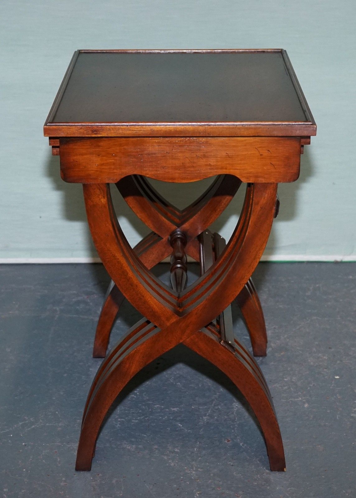 Vintage Hardwood Nest Of Tables With Lyre Form Legs photo vintage